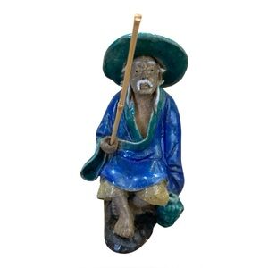 Vintage Chinese Shiwan Style Sage Figurine Man With Staff & Jug Ceramic 3.5”